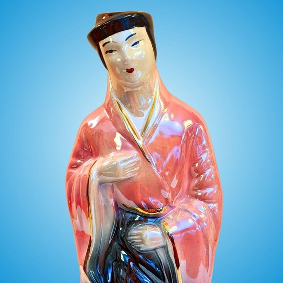 Tall mid-century Hollywood Regency lusterware Chinese pink black gold statuette - Picture 1 of 16